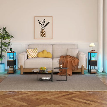 TUTOTAK Small Narrow LED End Table with Charging Station, Set of 2 | Side Table with Outlets, Nightstand with Cloth Drawer, Couch Table for Living Room, Bedroom, Brown and Black TB01BB059K - color: Brown and Black, style: 1 Drawer with Plug & Light