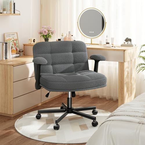 DurayLoly Criss Cross Chair with Wheels & Flip-up Arms | 360° Swivel,Plush Teddy Fabric Cross Legged Chair,Adjustable Heightfor Bedroom, Home Office, Apartment,Grey - color: Grey