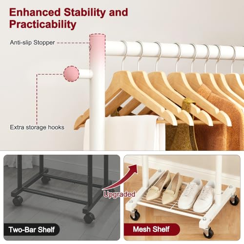 SLEEPING LAMB Small Clothes Racks for Hanging Clothes, Rolling Clothing Rack with Shelves, 60" Metal Garment Rack with Wheels Portable Wardrobe Rack for Small Space, White - color: White