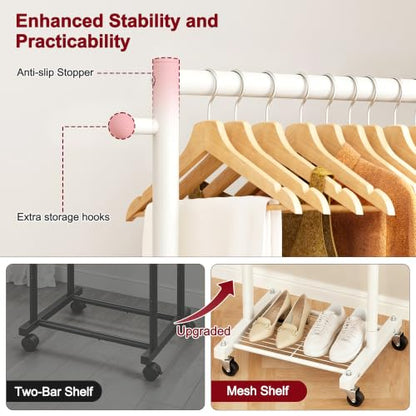 SLEEPING LAMB Small Clothes Racks for Hanging Clothes, Rolling Clothing Rack with Shelves, 60" Metal Garment Rack with Wheels Portable Wardrobe Rack for Small Space, White - color: White