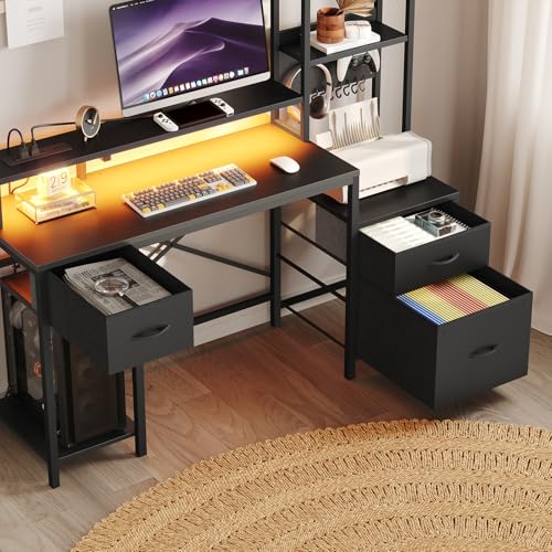 55" Gaming Desk with Power Outlet & LED Light, Computer Desk with Fabric Drawers, Storage Shelves & Monitor Stand, Industrial Gaming Table with Side Hook, Black