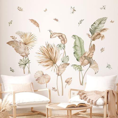decalmile Boho Tropical Leaves Palm Leaf Green Plants Wall Decals Stickers - color: A