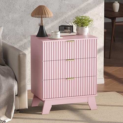 Pink Night Stand with 3 Drawers, Bedside Table & End Table, 24" Wide Mid Century Modern Fluted Wood Nightstand with Metal Handles, Farmhouse Night Stands for Bedroom - color: Pink, style: 3 Drawers