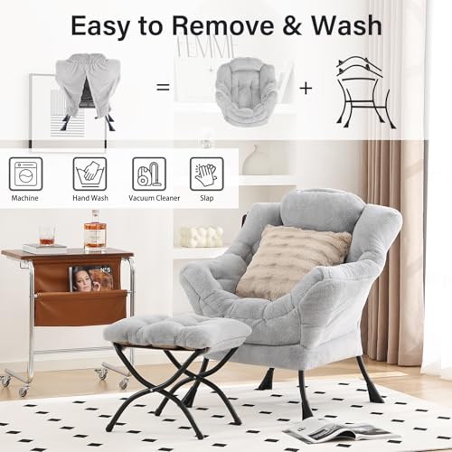 Lazy Chair with Ottoman, Plush Reading Chair with Pillow，Grey | Removable machine-washable cover; includes an extra throw pillow; cozy accent chair for living room, bedroom, dorm or office - color: Plush Light Grey