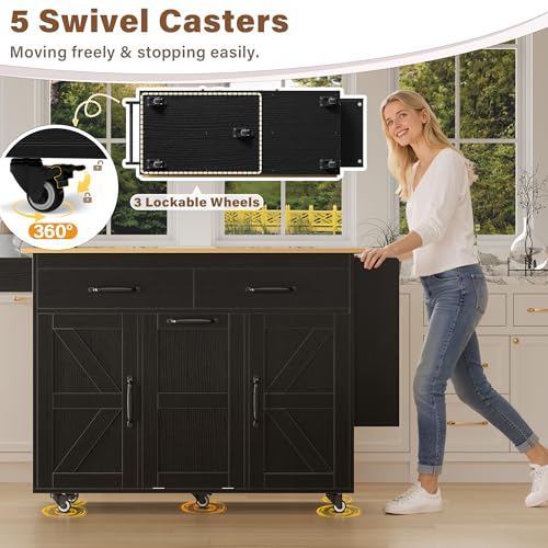 YESHOMY Kitchen Island on Wheels with Trash Cabinet, 56" Mobile Cart with Drop Leaf and Drawers, Rolling Portable Table with Spice Rack & Towel Holder for Dining Room, Black & Oak - color: Black & Oak