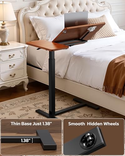 Simple Deluxe Standing Rolling Desk with Hidden Casters, Height Adjustable Pneumatic Mobile Laptop Desk, Tilting Bedside Table for Laptop, Overbed Bedside Table Hospital Home Use, Brown - color: Brown, style: Tiltable