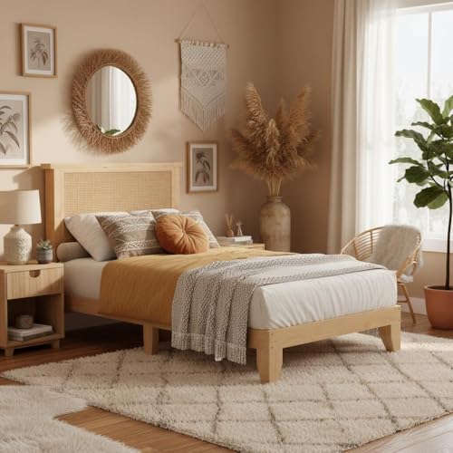 Garvee Bohemian Twin Rattan Bed LED Natural Headboard Bedroom | Bohemian twin rattan bed with natural headboard, LED lights, solid wood frame. No box spring needed for bedroom use. - size: Twin(0 Drawers)