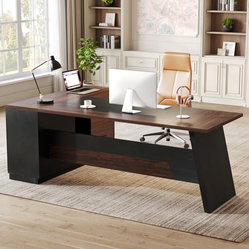 LITTLE TREE 78-Inch Executive Office Desk with File Cabinet, Large Modern Corner Office Desk for Home Office, 3-Drawer Wood File Cabinet, Spacious Workstation for Home Office (Brown & Black) - color: Brown + Black