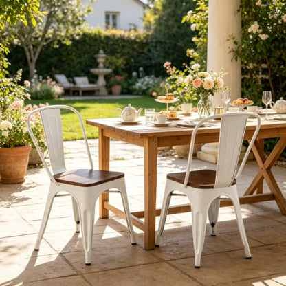 Penau Dining Chairs Set of 2, Stackable, White Walnut | High Gloss White Finish, Walnut Wooden Seat, Stackable Storage, Indoor Outdoor Use, Easy Assembly