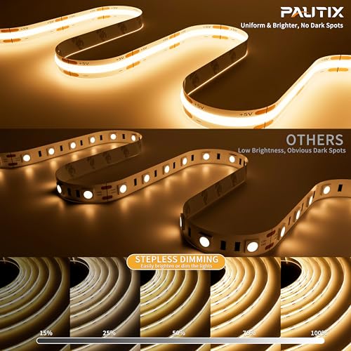 PAUTIX 5V USB COB LED Strip Lights UL-Listed Dotless LED Lights with RF Remote,6.56ft Dimmable 3000K Warm White TV Backlight,Flexible Under Cabinet Tape Lights for Bedroom,Kitchen,Shelves Lighting - color: 3000K