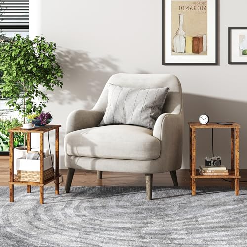 TUTOTAK End Table with Charging Station, Side Table Set of 2, Nightstand | 2-Tier Storage Shelf, Bedside Table with USB Ports, Sofa Table for Small Space, Livingroom, Bedroom Brown TB01BB041C - color: Pure Brown