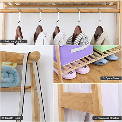 Ufine Bamboo Clothes Hanging Rack with 2 Tier Storage Shelves, 2 Coat Hooks | Portable Laundry Rack Closet Organizer Garment Rack for Bedroom Guest Room - size: 2 Tier
