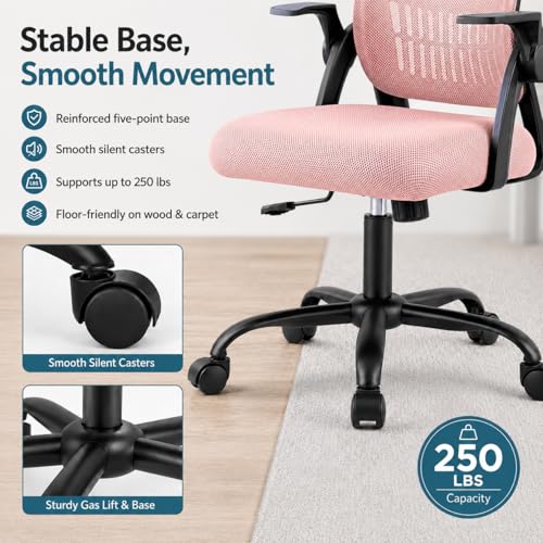 Ergonomic Office Chair, Home Office Desk Chair, Breathable Mesh Desk Chair with Adjustable Lumbar Support and Flip-up Armrests, Game Chairs, 360° Swivel Desk Chairs for Conference, Meeting Room(Pink) - color: Pink