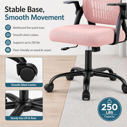Ergonomic Office Chair, Home Office Desk Chair, Breathable Mesh Desk Chair with Adjustable Lumbar Support and Flip-up Armrests, Game Chairs, 360° Swivel Desk Chairs for Conference, Meeting Room(Pink) - color: Pink