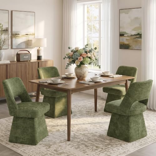 VKNOW Upholstered Swivel Dining Chair with Curved Open Back | Modern Dining Room Chairs with Chenille Fabric, Space-saving, Easy Assembly, for Dining Room, Living Room, Bedroom, Green - color: Green