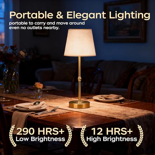 Cordless Table Lamp Rechargeable, 6000mAh Battery Operated LED Lamp with USB-C, Touch Control Stepless Dimmable Small Gold Fabric Lamp for Kitchen Counter, Small Spaces, Bedroom, Living Room 2PCS - color: Gold, size: 2 Pcs