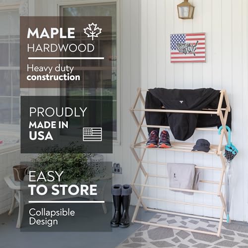 Clothes Drying Rack: Solid Maple Hard Wood Laundry Rack for Sweaters, Blouses, Lingerie & More, Durable Folding Drying Rack, Made in USA, No Assembly Needed, Large - color: Large