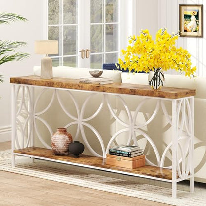 70.9 inch Extra Long Sofa Table, Industrial Console Table Behind Couch | With 2 Tier Storage Shelf, Entryway Table for Entryway, Living Room, Foyer, Hallway, Unique Design, White - color: White