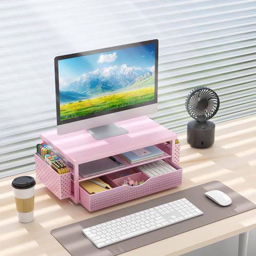 gianotter Desk Organizers and Accessories, Monitor Stand with Drawer and 2 Pen Holder, Desktop Organizer Suitable for Offices and Dormitories (Pink-Plain) - color: Pink-Plain