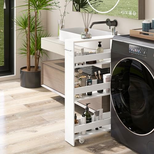 Slim Storage Cart, 4-Tier Rolling Cart with Handle & Wooden Top for Kitchen Bathroom Laundry Living Room Narrow Small Spaces, 5 Inches Width (Plain White) - color: Plain White