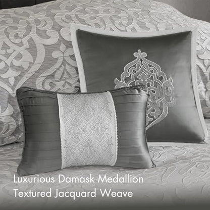 Madison Park Odette Cozy Comforter Set Jacquard Damask Medallion Design - Modern All Season, Down Alternative Bedding, Shams, Decorative Pillows, Queen(90 in x 90 in), Silver 8 Piece | All Season Down Alternative Bedding with Comforter, Shams, Bed Skirt,