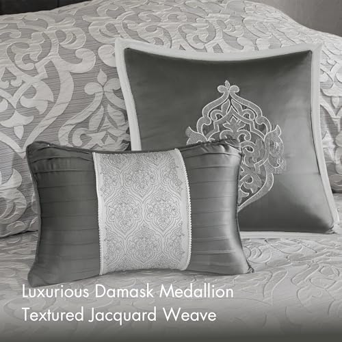 Madison Park Odette Cozy Comforter Set Jacquard Damask Medallion Design - Modern All Season, Down Alternative Bedding, Shams, Decorative Pillows, King(104 in x 92 in), Silver 8 Piece | All Season Down Alternative Bedding with Comforter, Shams, Bed Skirt,