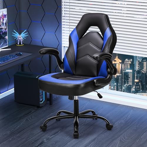 Sweetcrispy Computer Desk Chair, Lumbar Support Video Game Chair PU Leather | PU Leather Flip-up Armrest, Height Adjustable, 360 Swivel for Adults, Black Blue - color: Black Blue