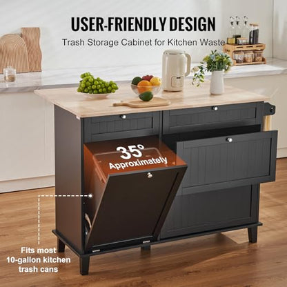 VEVOR Kitchen Island Cart, 50" Wood Top Breakfast Bar with Trash Cabinet Tilt Out 10 Gallon Storage, Farmhouse Dining Living Room Table with Drop Leaf, Towel Bar, Drawer, Black - color: Black