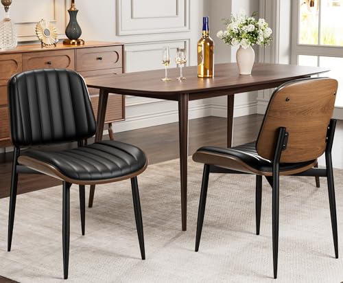 Dining Chairs Set of 2, Mid-Century Modern Upholstered PU Leather Chairs | with Walnut Bentwood Back and Metal Legs Adjustable Feet for Kitchen Dining Living Room, Dark Black Vertical Stripes - color: Dark Black Vertical Stripes