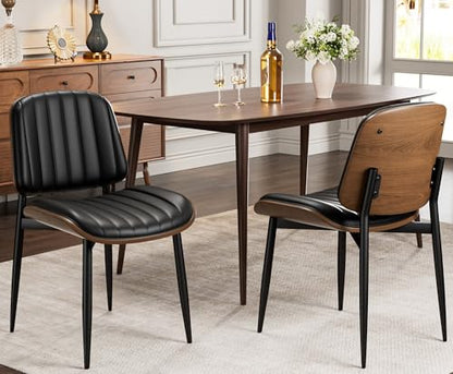 Dining Chairs Set of 2, Mid-Century Modern Upholstered PU Leather Chairs | with Walnut Bentwood Back and Metal Legs Adjustable Feet for Kitchen Dining Living Room, Dark Black Vertical Stripes - color: Dark Black Vertical Stripes