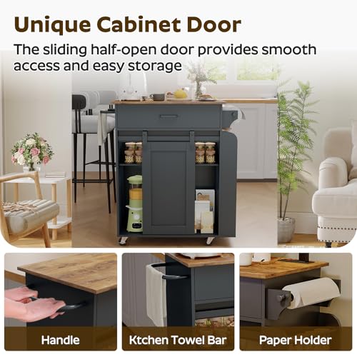 Kitchen Island with Storage, Mobile Kitchen Cart with Charging Station, Kitchen Island on Wheels, Rolling Island Table with Sliding Cabinet Door, Black and Rustic Brown ZD01UBR - color: Rustic Brown + Black