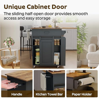Kitchen Island with Storage, Mobile Kitchen Cart with Charging Station, Kitchen Island on Wheels, Rolling Island Table with Sliding Cabinet Door, Black and Rustic Brown ZD01UBR - color: Rustic Brown + Black