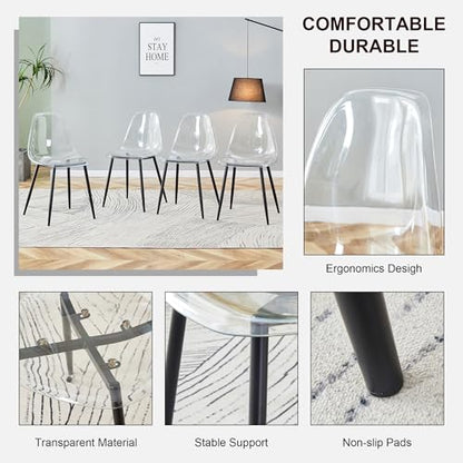 Baysitone Clear Dining Chairs Set of 6, Modern Kitchen Chairs with Transparent Seat, Acrylic Accent Side Chairs with Plating Metal Legs for Dining Room, Kitchen, Living Room with Black - color: Black, size: Set of 6