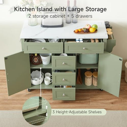 47" Kitchen Island with 2 Storage Cabinets & 5 Drawers, Green | Mobile Island Table for Kitchen with Imitation Marble Drop Leaf, Rolling Island Cart with Power Outlet, Spice Rack - color: Green
