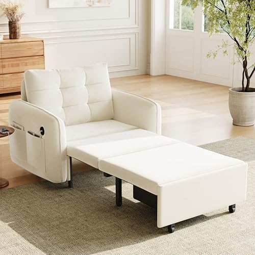 3-in-1 Convertible Sleeper Chair Bed, Multi-Functional Chenille Single Sofa Bed with Storage Pockets and Box, 80" Extra Long Pull Out Sleeping Lounge Chair for Living Room & Apartment (Beige,35) - color: Beige,35