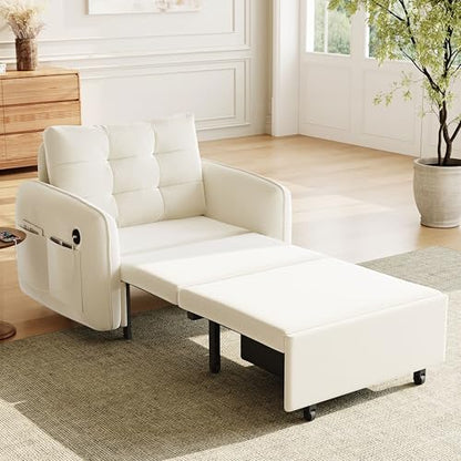 3-in-1 Convertible Sleeper Chair Bed, Multi-Functional Chenille Single Sofa Bed with Storage Pockets and Box, 80" Extra Long Pull Out Sleeping Lounge Chair for Living Room & Apartment (Beige,35) - color: Beige,35
