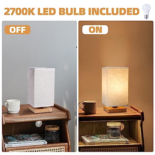 Small Square Bedside Table Lamp for Bedroom, Minimalist Wood Base & Round Fabric Shade, Mini Cute Cozy Warm Nightstand Boho Lamp, Study Desk Night Stand Light for Room, Dorm, Nursery, Living Room - size: Square - Set of 1