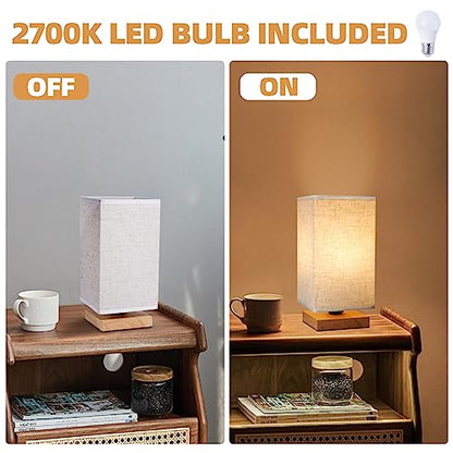Small Square Bedside Table Lamp for Bedroom, Minimalist Wood Base & Round Fabric Shade, Mini Cute Cozy Warm Nightstand Boho Lamp, Study Desk Night Stand Light for Room, Dorm, Nursery, Living Room - size: Square - Set of 1