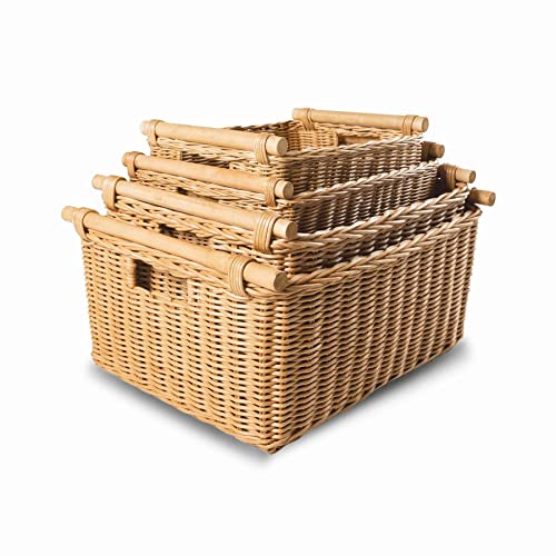 The Basket Lady Pole Handle Wicker Storage Basket, M, Sandstone | Outside: 16" L x 12" W x 8.25" H | Inside: 14"L x 10"W x 8"H - Handcrafted by artisans from natural rattan - color: Sandstone, size: Medium
