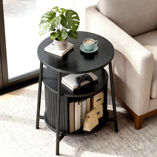 DHH Round End Tables Set of 2 & Charging Station, Fluted Accent Side Table with Sliding Door, Mid-Century Modern Nightstand Set of 2 for Small Space Storage, Living Room, Bedroom,Sofa Couch(2, Black) - color: Black