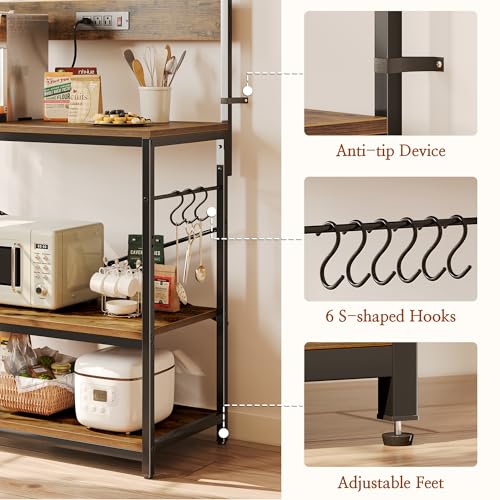 SUPERJARE Bakers Rack with Power Outlets, Microwave Stand, 39.4 X 14.3 Inch Larger Desktop, Kitchen Storage Rack with Adjustable Middle Shelf, 6 S-Shaped Hooks, Coffee Bar Stand, Rustic Brown - color: Rustic Brown, size: 39.4inch