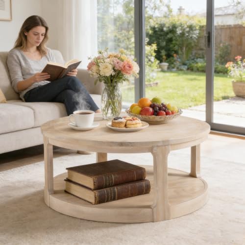 40" Round Wood Coffee Table, 2 Tier Modern Center Table with Roller Wheels,Solid Wood+MDF, Easy Assembly, Accent Table for Living Room, Apartment, Small Space.(Oak) - color: Oak