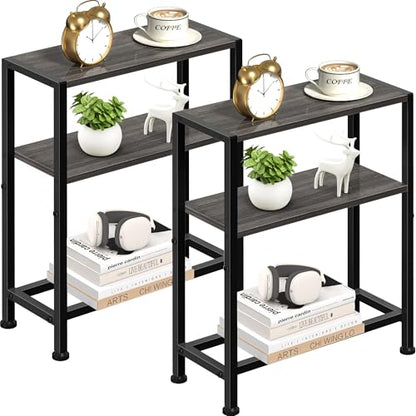 Narrow Side Table Set of 2 for Small Space, 2-Tier Small End Table with Shelf Holder, Slim Nightstand, Skinny Snack Couch Table in Living Room, Bedroom, Study, Kitchen and Balcony (Grey) - color: Grey