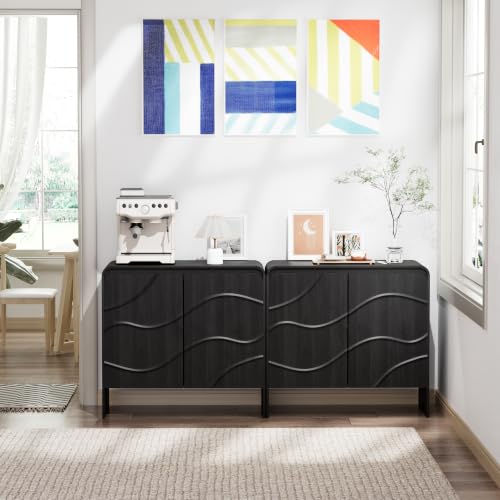 Godchoices 31.5'' Small Sideboard Buffet Cabinet with Storage,Modern Farmhouse Accent Credenza with Wavy Doors & Adjustable Shelf, Console Cabinet for Kitchen,Living Room,Dining Room,Entryway,Hallway - color: Black