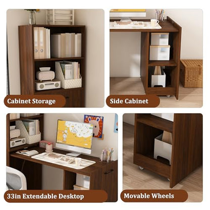 Foldable Office Desk, Fold Out Convertible Hidden Murphy Computer Desk with Storage Shelves, Multi-Function Folding Writing Table for for Small Spaces, Home Office (Walnut) - color: Walnut-a