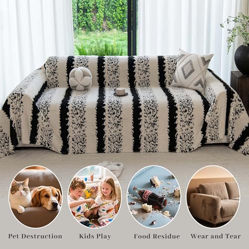Sherpa Fleece Couch Cover for 2 Cushion Sofa, Black, 71" x 118" – Pet Proof Sofa Covers, Heavy Duty, Scratch Resistant, Pet Friendly Furniture Cover – Easy Install, Machine Washable - color: Stripe 3 Black, size: 71" x 118"