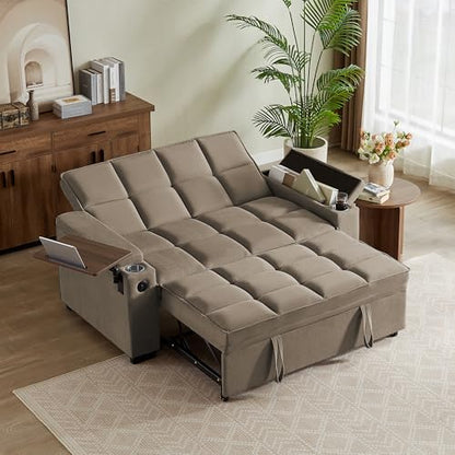 65" 3-in-1 Sofa Bed, Pull Out Sleeper Sofa with 360° Swivel Side Table, Storage Armrests, Cup Holders & USB Charging Ports, Chenille Convertible Couch for Living Room - color: 1007-khaki-