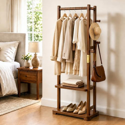 Coat Rack Solid Wood Hall Tree Storage 2 Shelves 5 Hooks | Hallway bedroom living room, durable wood construction, freestanding organizer design, coats hats wallets garments - size: Walnut - S (18.1''L×12.6''W×64.5''H)
