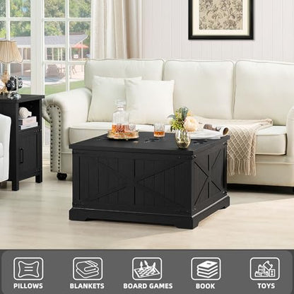 Joaxswe Farmhouse Coffee Table with Large Hidden Storage Compartment, Rustic Black Square Center Table, Wood Low Farm House Modern Living Room Tables with Hinged Lift Top & Wooden Arc Base - color: Black, style: With Base