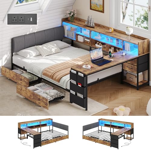 BYSAUD Corner Bed Frame with Storage and Desk, Twin Bed Frames, Corner Bed with 4 Drawers, 7 Bookcase, 1 Side Storage Bag, Upholstered Headboard, LED Lights, Charging Station, Rustic Brown - color: Vintage Brown, size: Twin Corner Bed